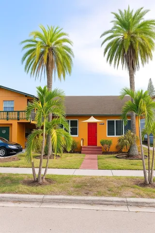 a front view of house with yard and palm tree