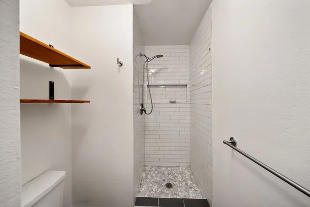 a bathroom with a shower and a toilet