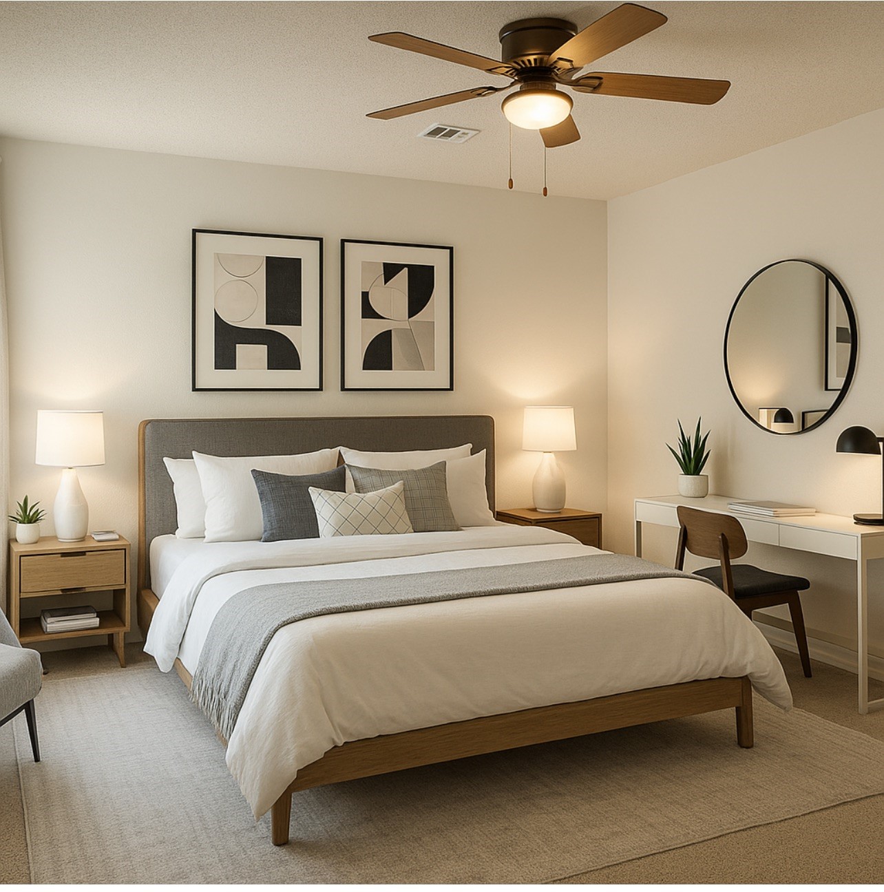a bedroom with bed and a chandelier