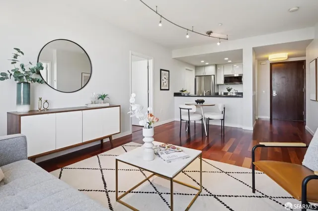 a view of a dining room with furniture