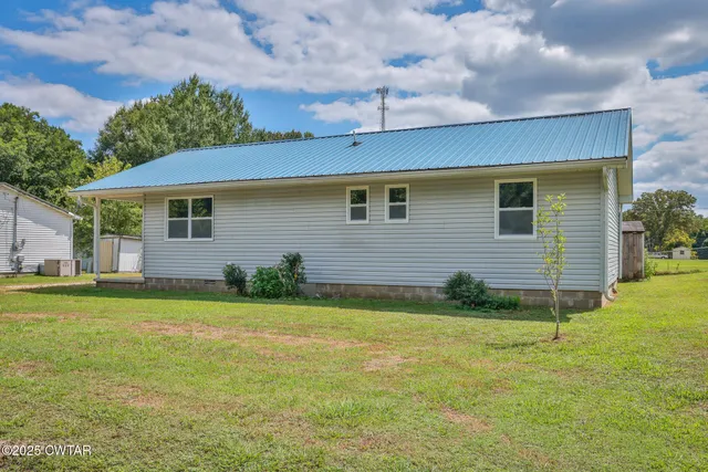 a view of a backyard with plants and large tree