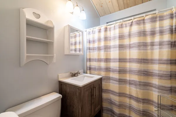 a bathroom with a sink a toilet and shower curtain