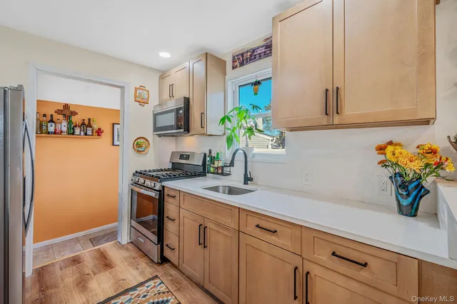 a kitchen with stainless steel appliances granite countertop white cabinets a potted plant and a wooden floor