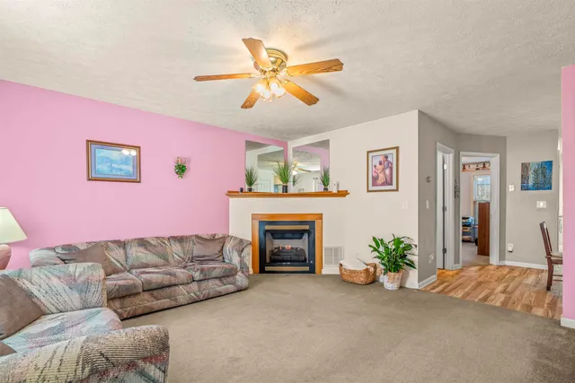 a living room with furniture and a fireplace