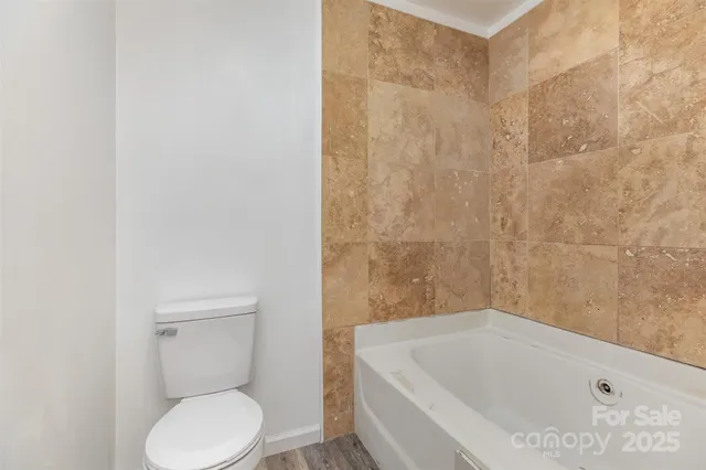 a bathroom with a toilet and bathtub