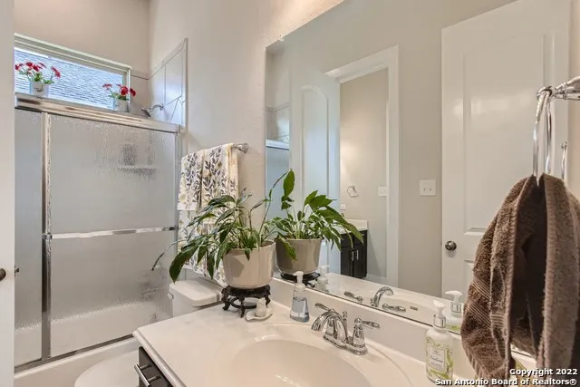 a bathroom with a sink a mirror and a shower