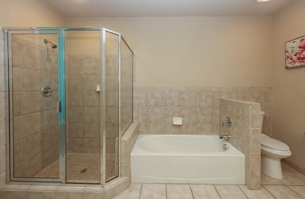 a bathroom with a bathtub and a shower