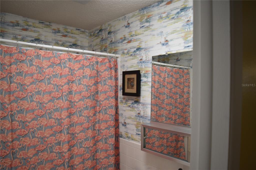 4746 Azalea Drive, Unit 208C New Port Richey, FL 34652 - Photo 24 of 56 a bathroom with a shower curtain and a flat screen tv