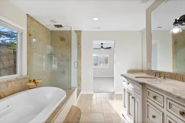 a view of a park with large trees