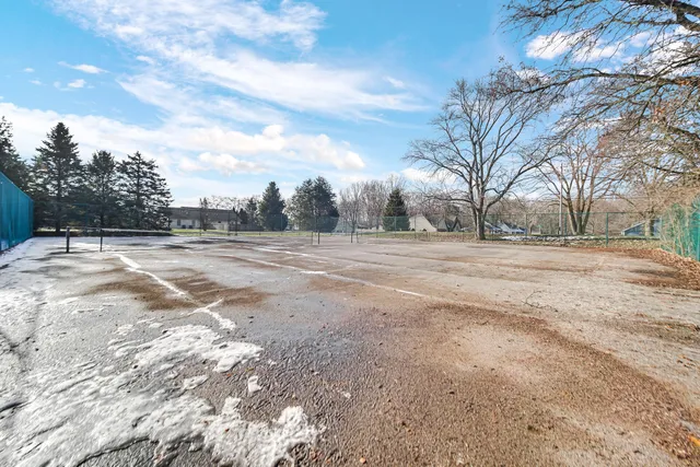 a view of dirt field with trees around