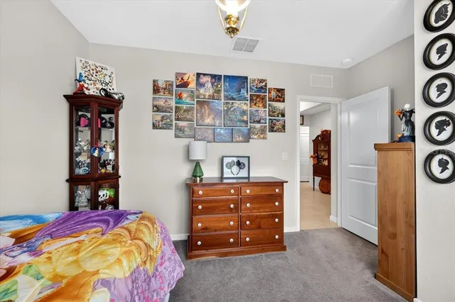 a bedroom with a bed and cabinets