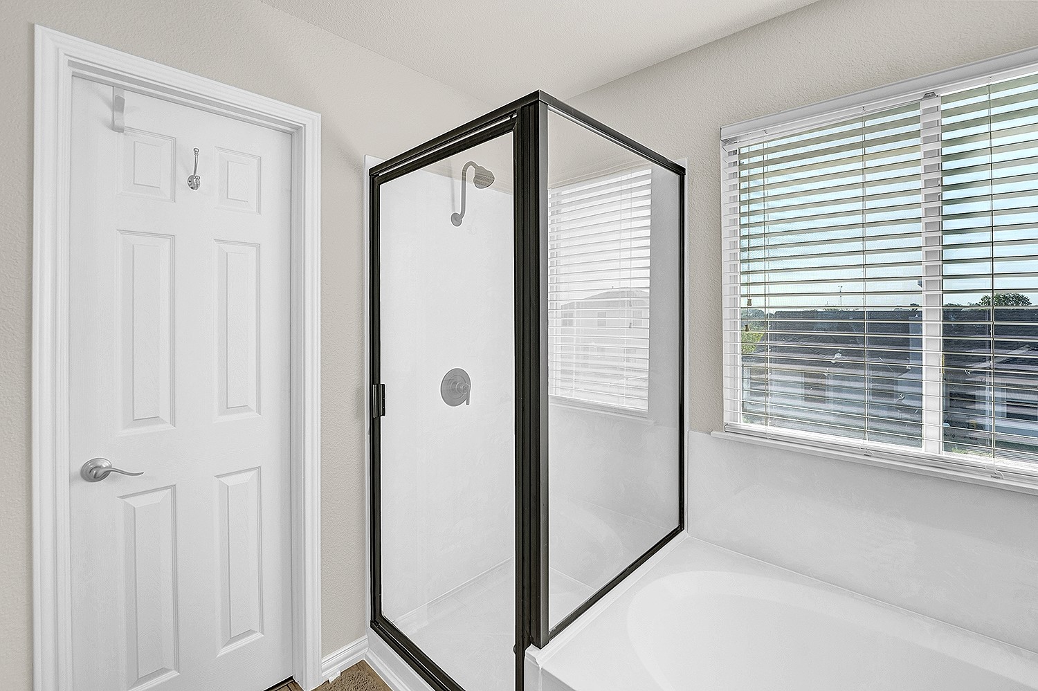 113 Endeavour Kyle, TX 78640 - Photo 21 of 38 Primary ensuite with black frame walk-in shower and soaking tub