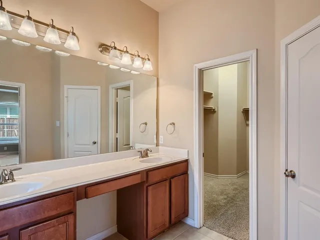 a bathroom with a double vanity sink a mirror and a shower