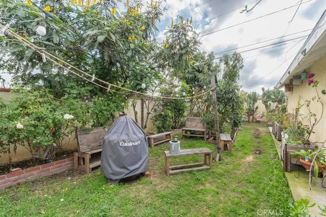 a garden view with a seating space