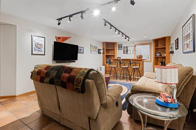 a view of a garage with storage