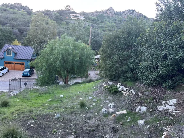 a view of a forest with a house in the background