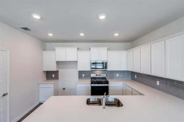 a kitchen with a sink a counter top space appliances and cabinets