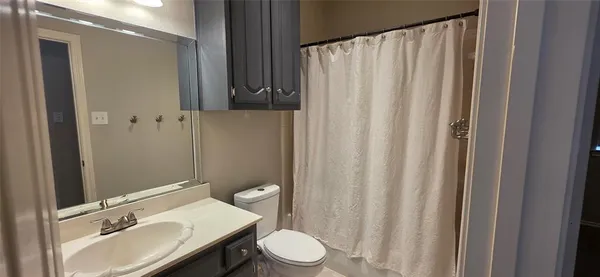 a bathroom with a sink a toilet and shower curtain