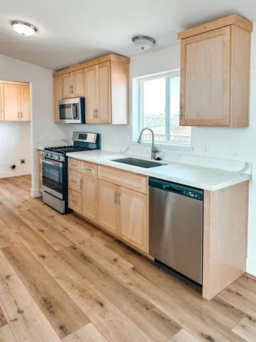 a kitchen with stainless steel appliances granite countertop a sink and cabinets