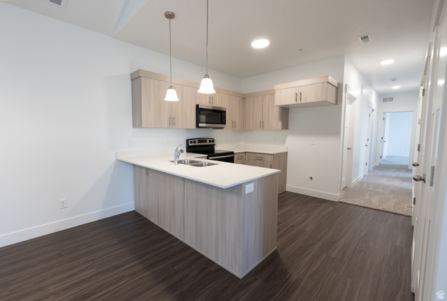 4653 South Alder Drive, Unit H302 Mapleton, UT 84664 - Photo 5 of 15 Kitchen featuring light wood finish cabinetry, a peninsula, modern cabinets, stainless steel appliances, and dark wood-style floors