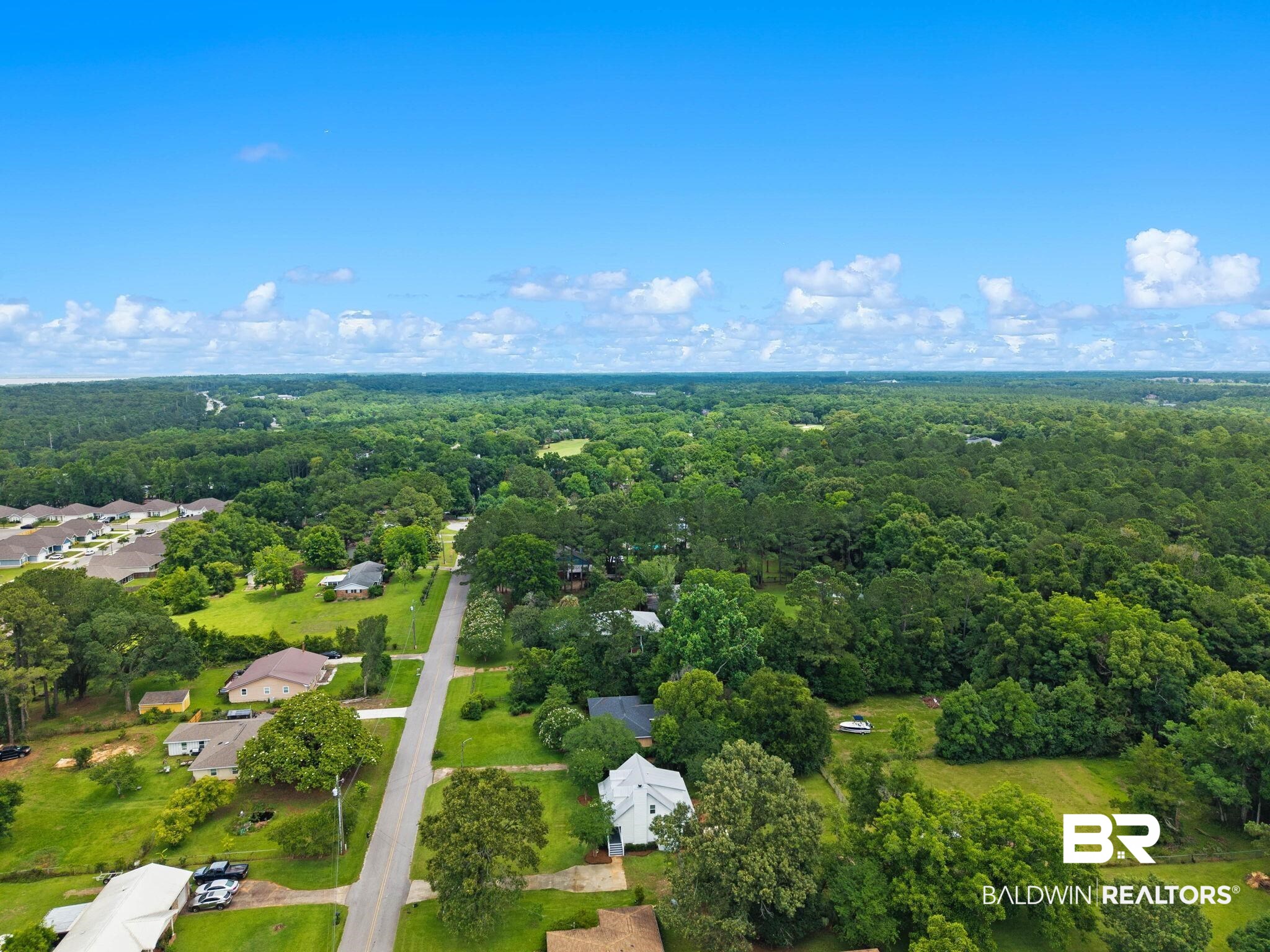 22810 High Ridge Road Fairhope, AL 36532 - Photo 75 of 78 Expansive aerial perspective showcasing a residential street bordered by mature trees and lush green landscaping