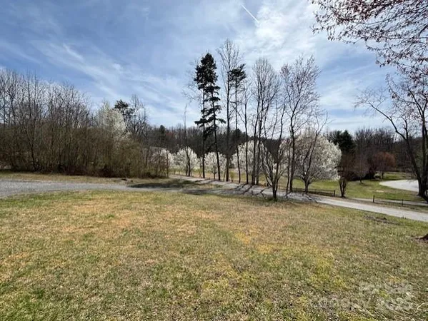 a view of a field with trees in the background