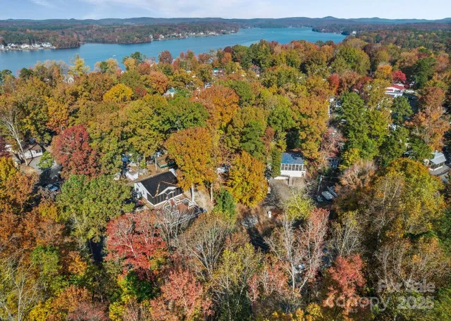 an aerial view of a houses with a lake