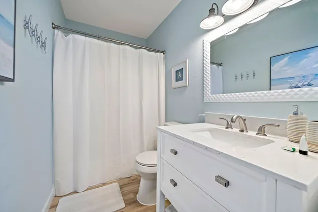 a bathroom with a sink a toilet a mirror and shower curtain