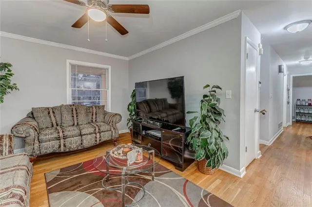 a living room with furniture and a potted plant
