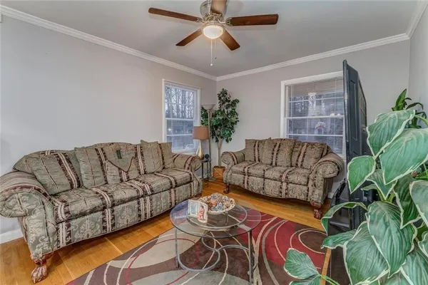 a living room with furniture and a potted plant