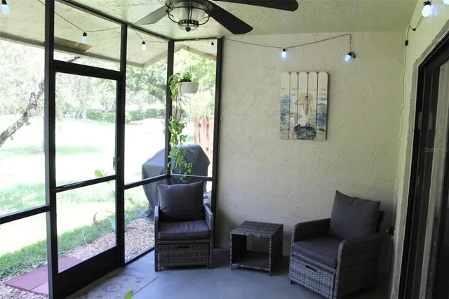 a view of a yard from a balcony