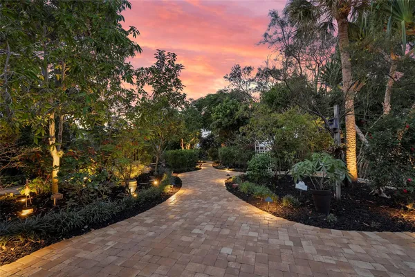 a view of a pathway with a garden