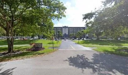 a view of a park with large trees