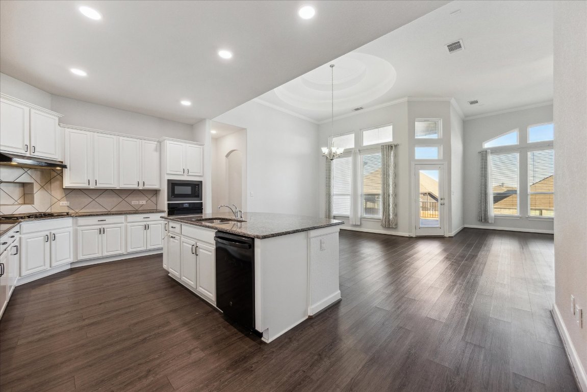 623 Baretta Loop Buda, TX 78610 - Photo 3 of 10 a large kitchen with stainless steel appliances granite countertop a large stove a sink dishwasher and a refrigerator with wooden floor