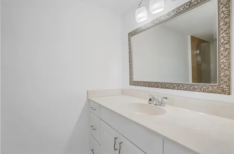 a bathroom with a sink and a mirror