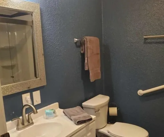 a bathroom with a toilet sink and mirror