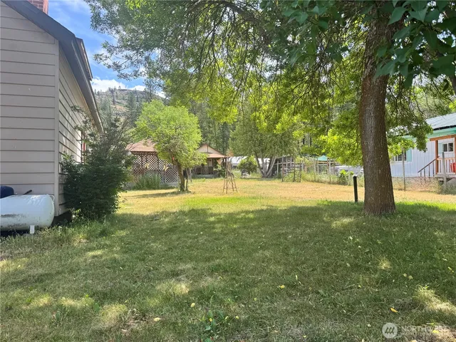 a view of a garden with a tree