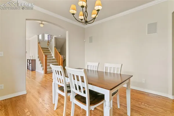 a view of a dining room with furniture