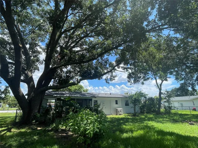 a backyard of a house with plants and large trees