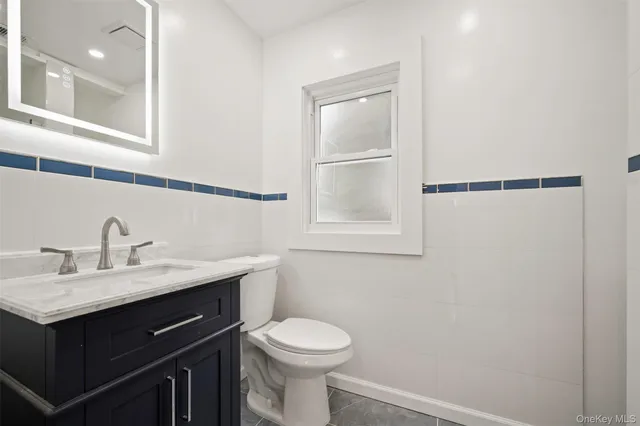 a bathroom with a sink vanity and toilet