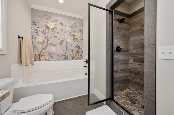 a bathroom with a shower and a toilet
