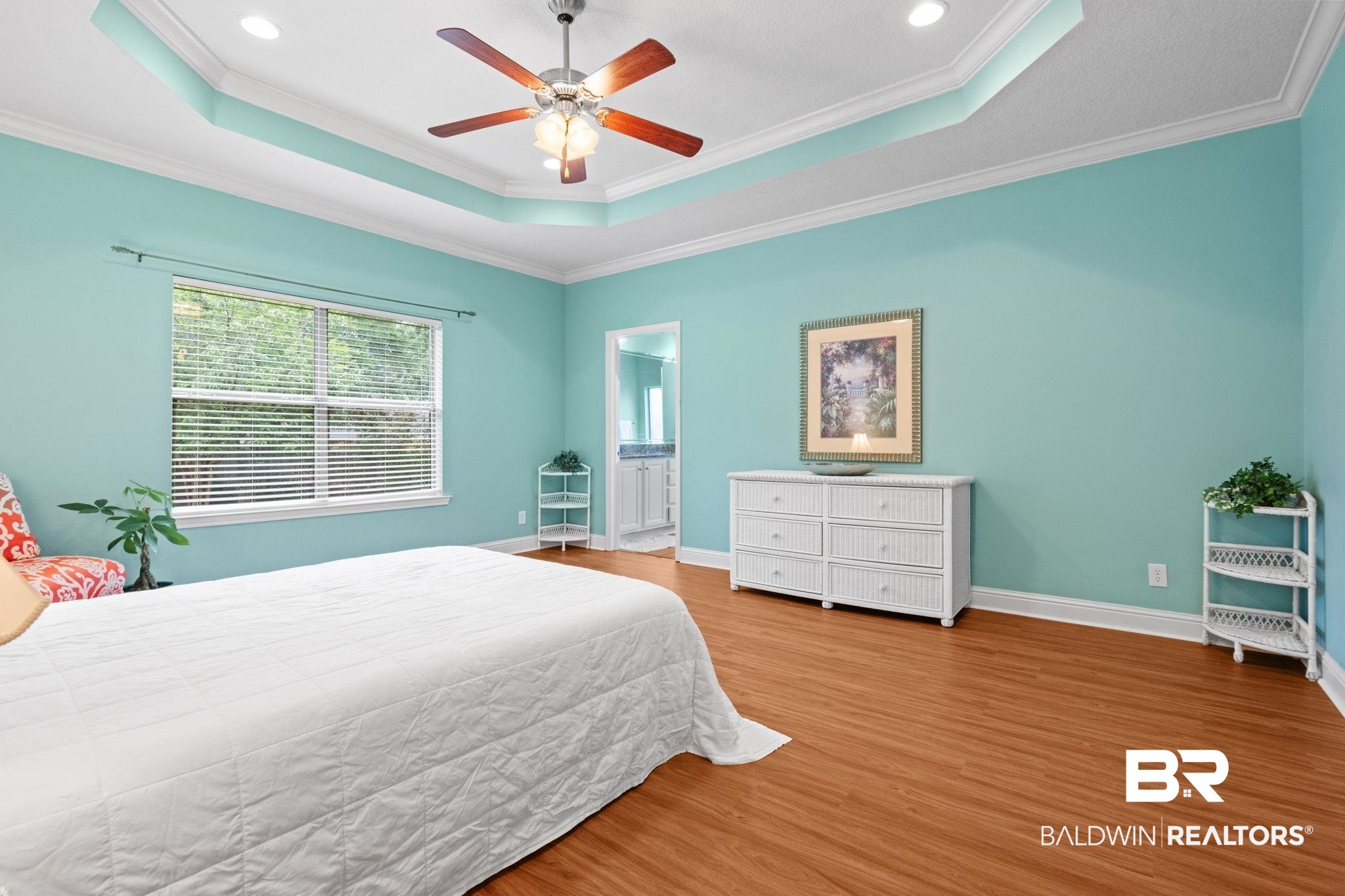 2554 Masters Court Mobile, AL 36618 - Photo 23 of 35 Bedroom with a raised ceiling, wood finished floors, crown molding, recessed lighting, and a ceiling fan