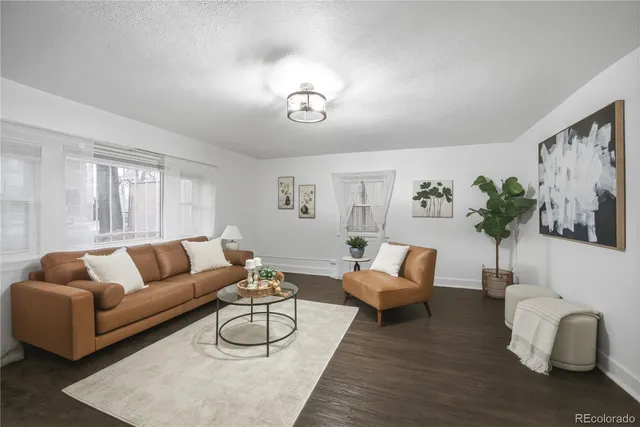 a living room with furniture and a potted plant
