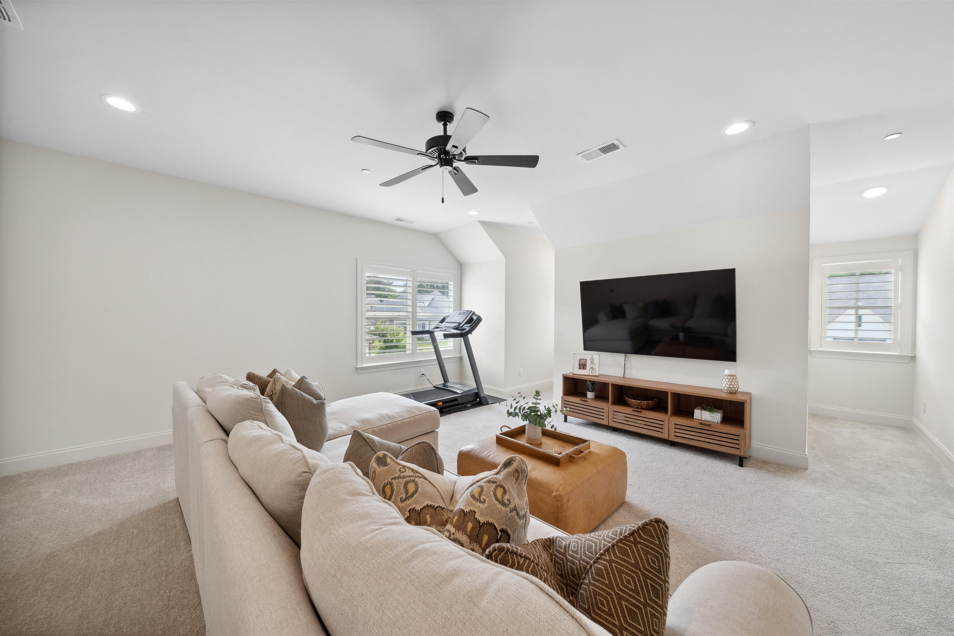 220 Mary Taylor Way Piperton, TN 38017 - Photo 30 of 36 Living area featuring light carpet, a ceiling fan, recessed lighting, and vaulted ceiling