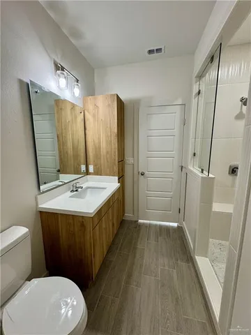 a bathroom with a sink a toilet a mirror a vanity and shower