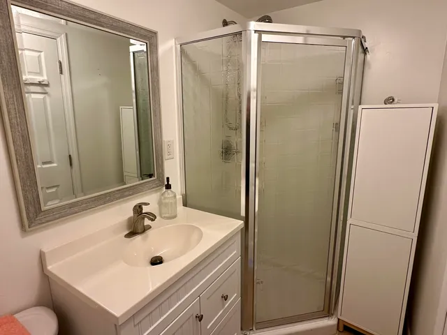 a bathroom with a sink mirror and shower