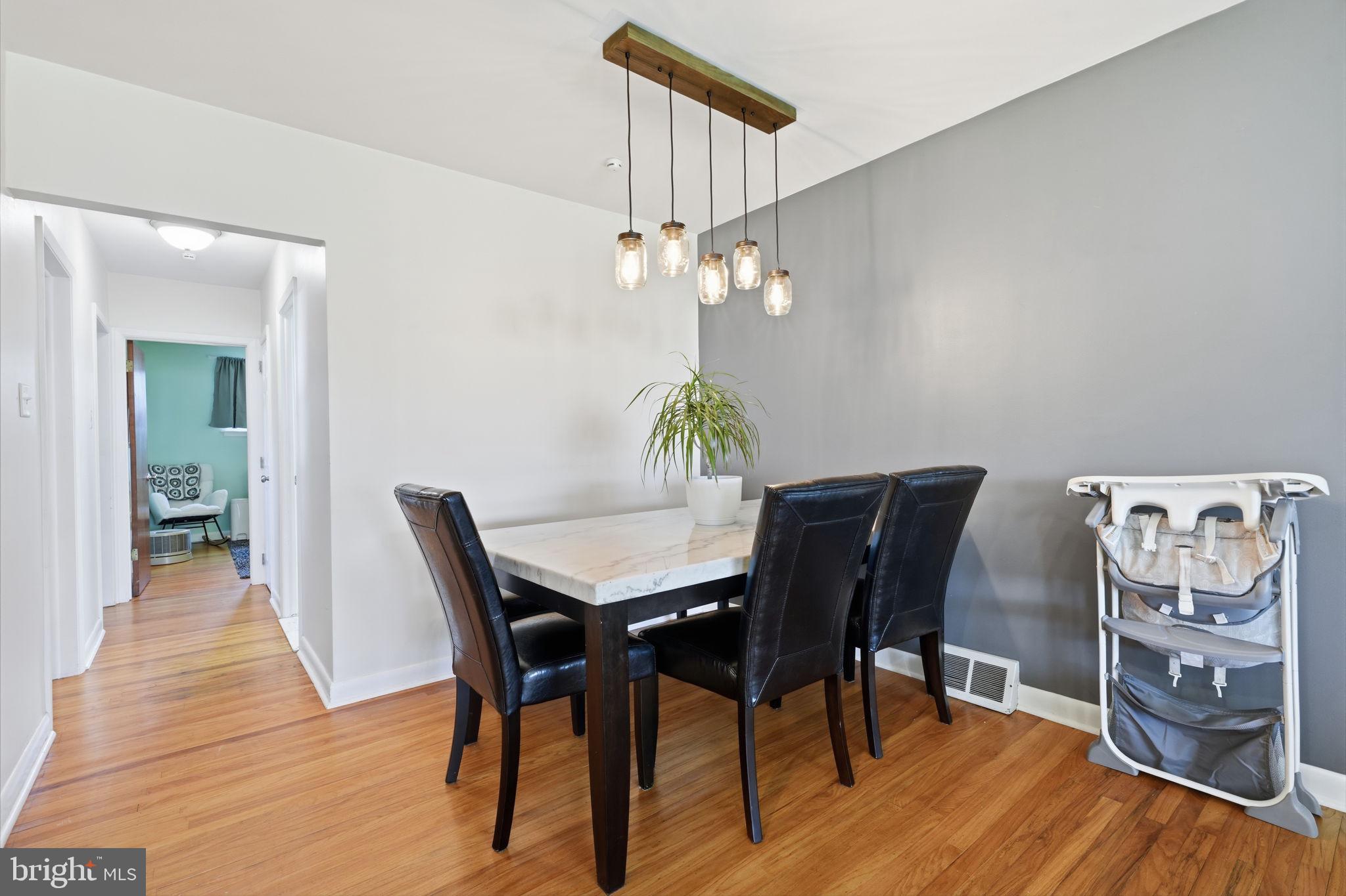 Dining space with stylish lighting.