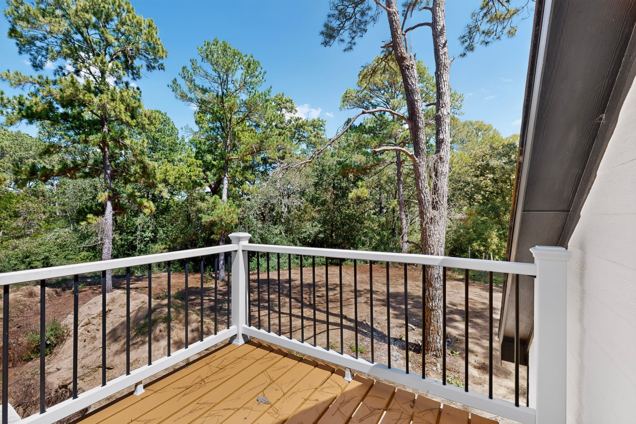 158 Fealy Road Red Rock, TX 78662 - Photo 34 of 40 An elevated wooden deck overlooks a tranquil wooded landscape under clear skies.