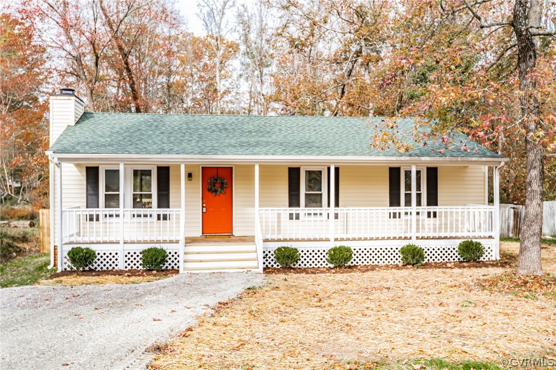 front view of a house with a patio