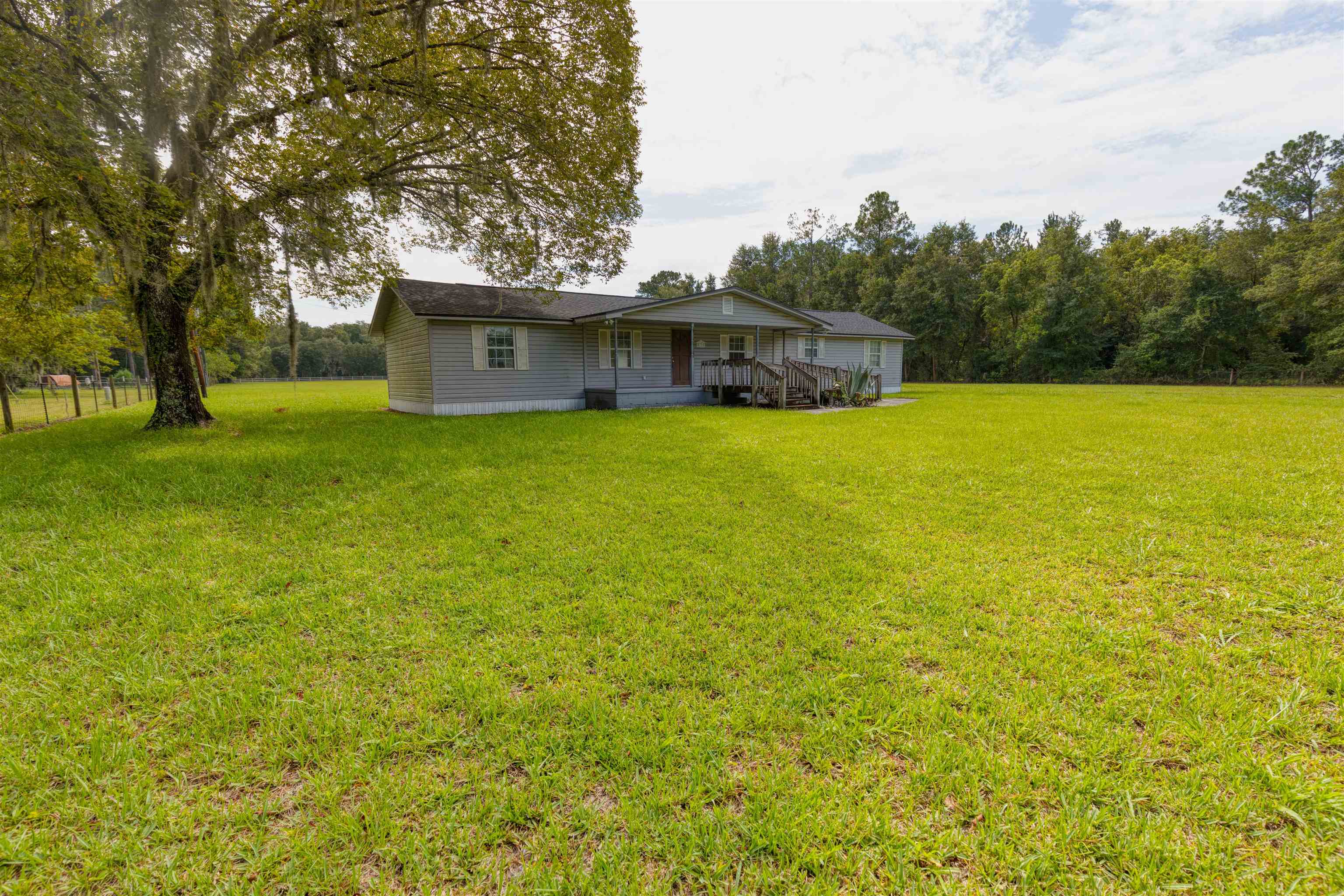 a view of a large trees with barn in the background